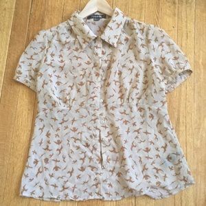 Sheer bird print button up blouse